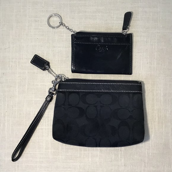 Coach Black Signature Cloth Zippered Wristlet and Black Patent Coin Purse - Picture 2 of 8